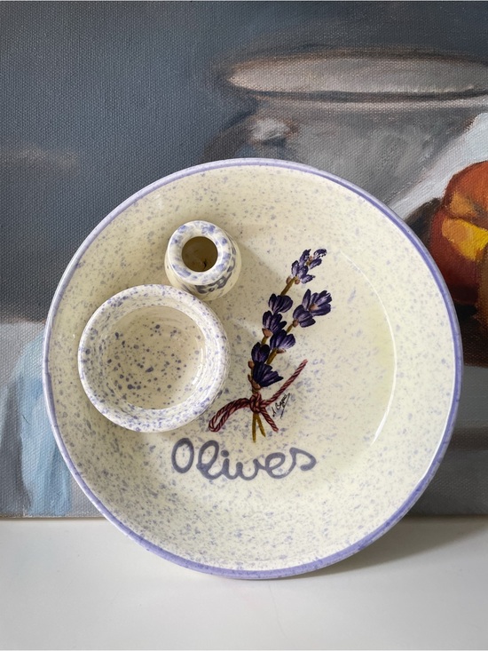 Other - Handpainted Ceramic Olive Serving Dish Lavender Motif Pit Well Toothpick Holder